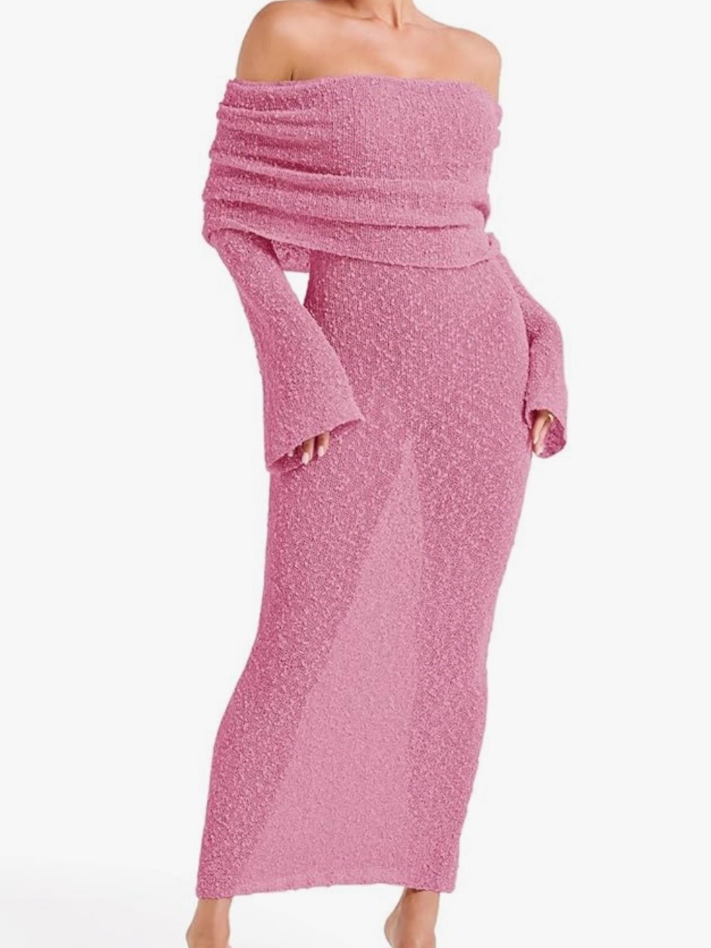 Off-Shoulder Pink Maxi Dress with Bell Sleeves